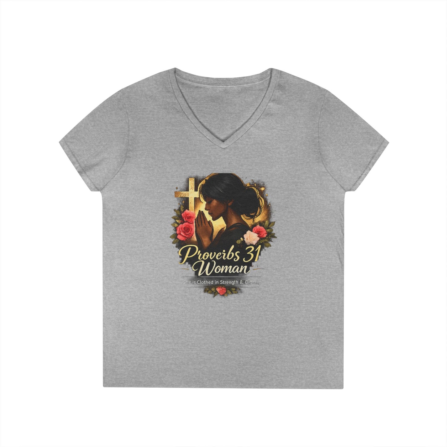 Proverbs 31 Woman V-Neck Tee — Faithful Christian Ladies Floral Shirt