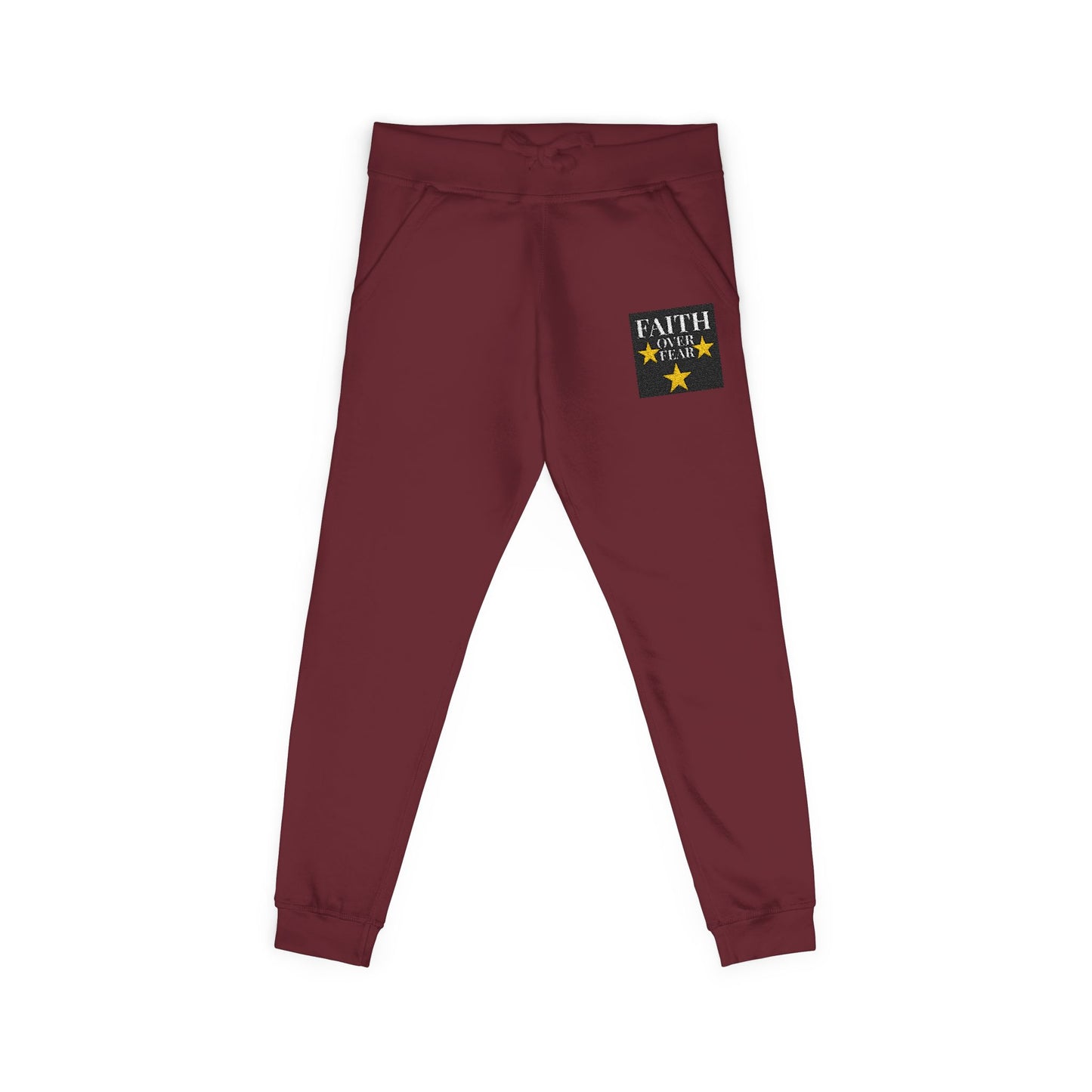 Embroidered Star Patch Sweatpants — White Fleece Joggers