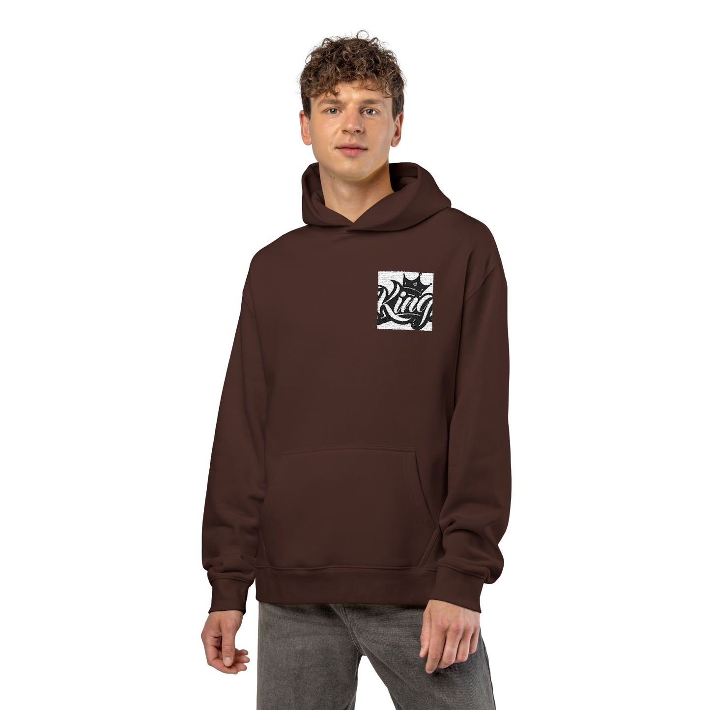 Relaxed Hoodie — Minimal Black Crown Chest Logo Hooded Sweatshirt