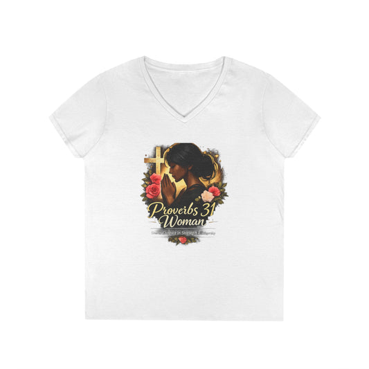 Proverbs 31 Woman V-Neck Tee — Faithful Christian Ladies Floral Shirt