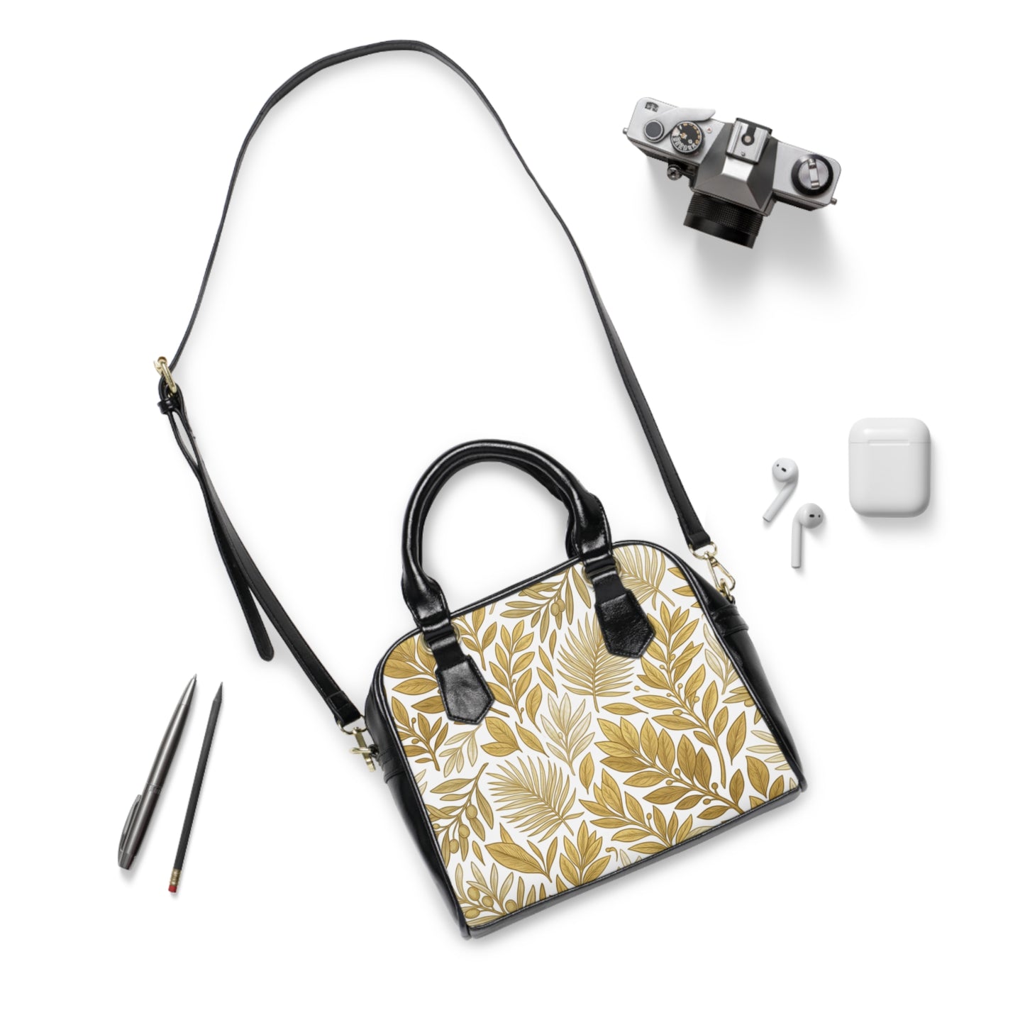 Gold Leaf Pattern Shoulder Handbag — Elegant Floral Tote Purse