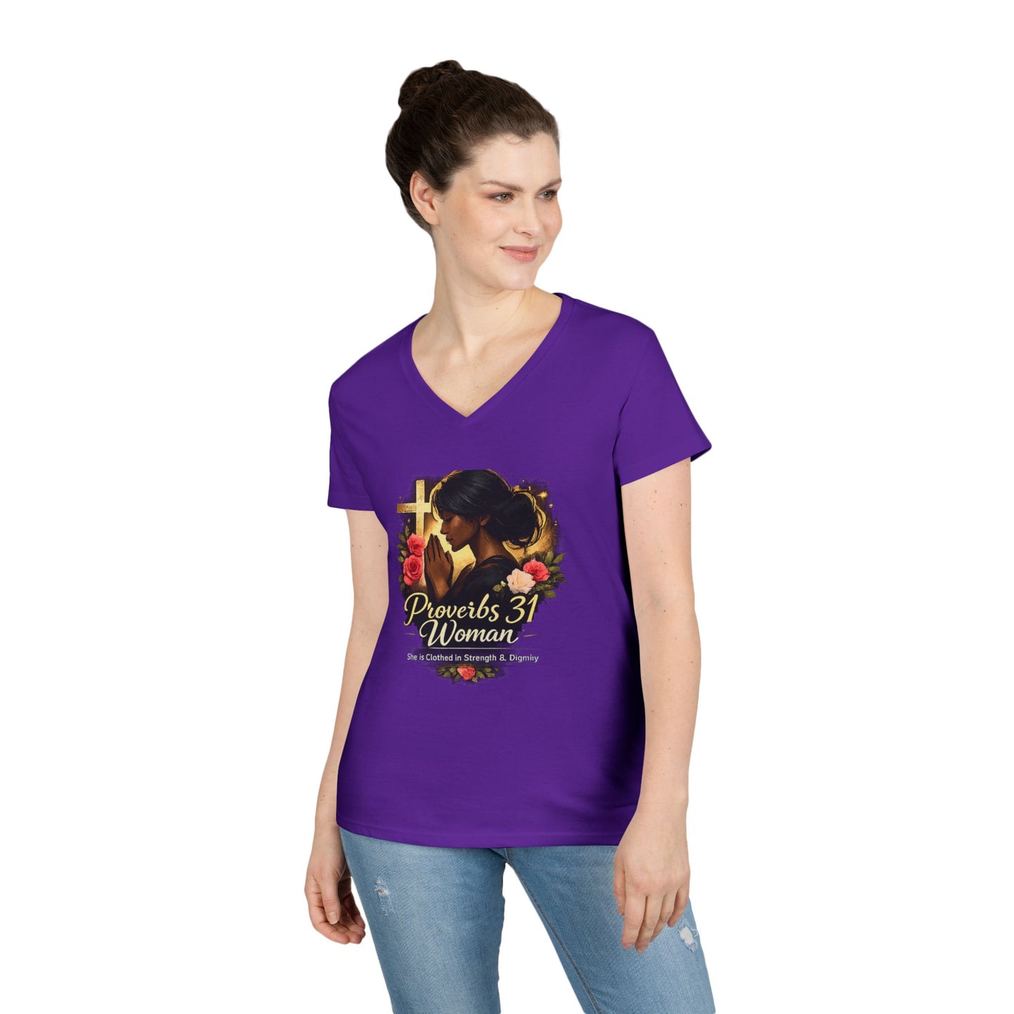 Proverbs 31 Woman V-Neck Tee — Faithful Christian Ladies Floral Shirt