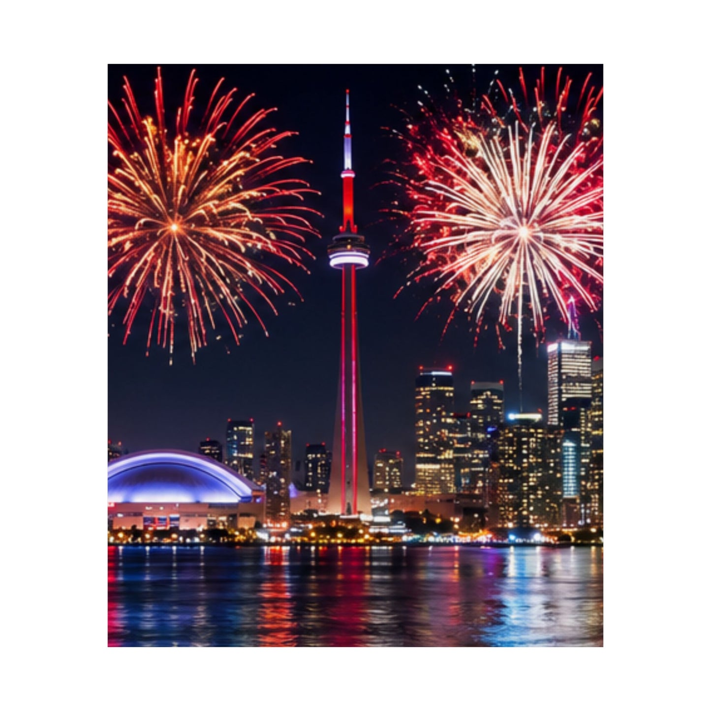CN Tower Fireworks Matte Vertical Poster — Toronto Skyline Night Celebration Wall Art