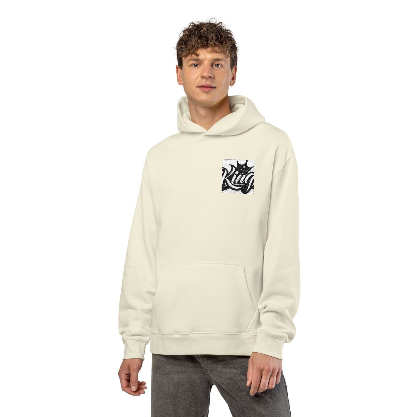 Relaxed Hoodie — Minimal Black Crown Chest Logo Hooded Sweatshirt