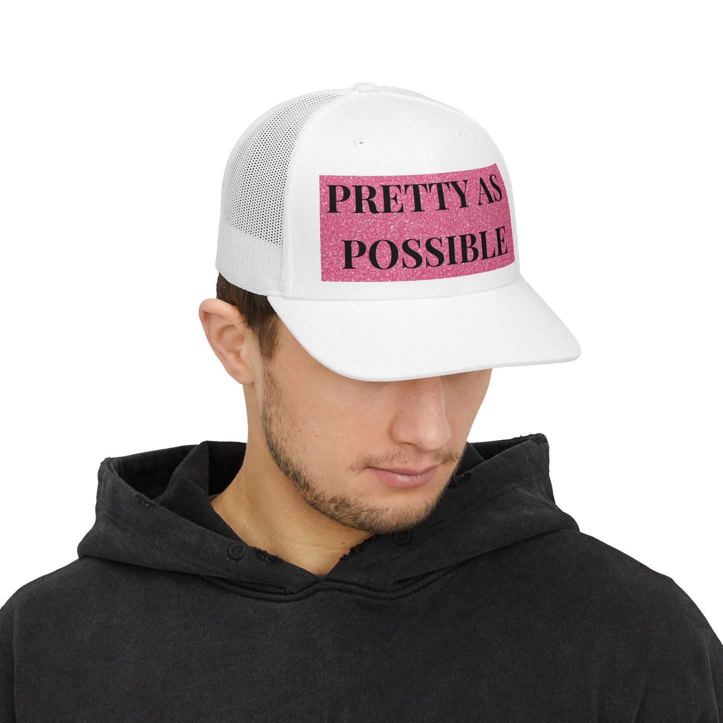PRETTY AS POSSIBLE Snapback Hat | Pink Glitter Text Trucker Cap