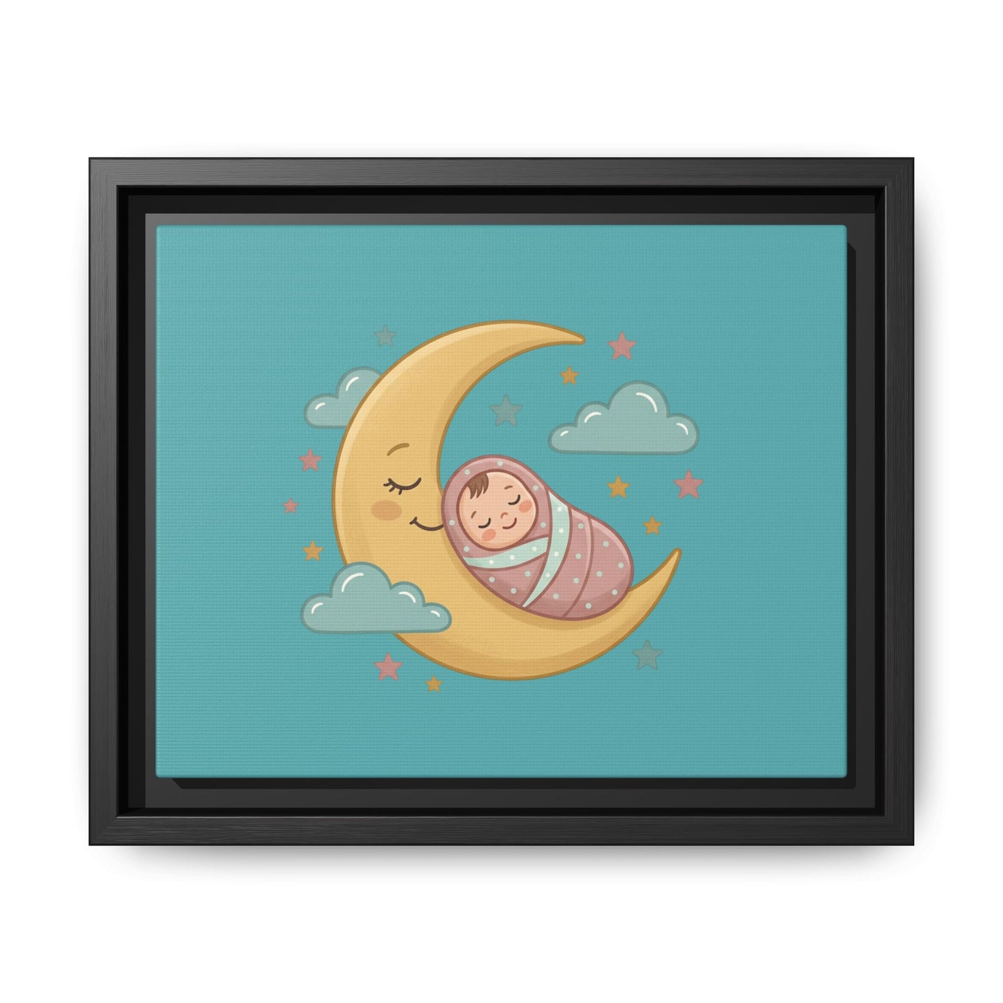 Framed Baby Moon Nursery Canvas – Cute Sleeping Baby on Crescent Moon Wall Art