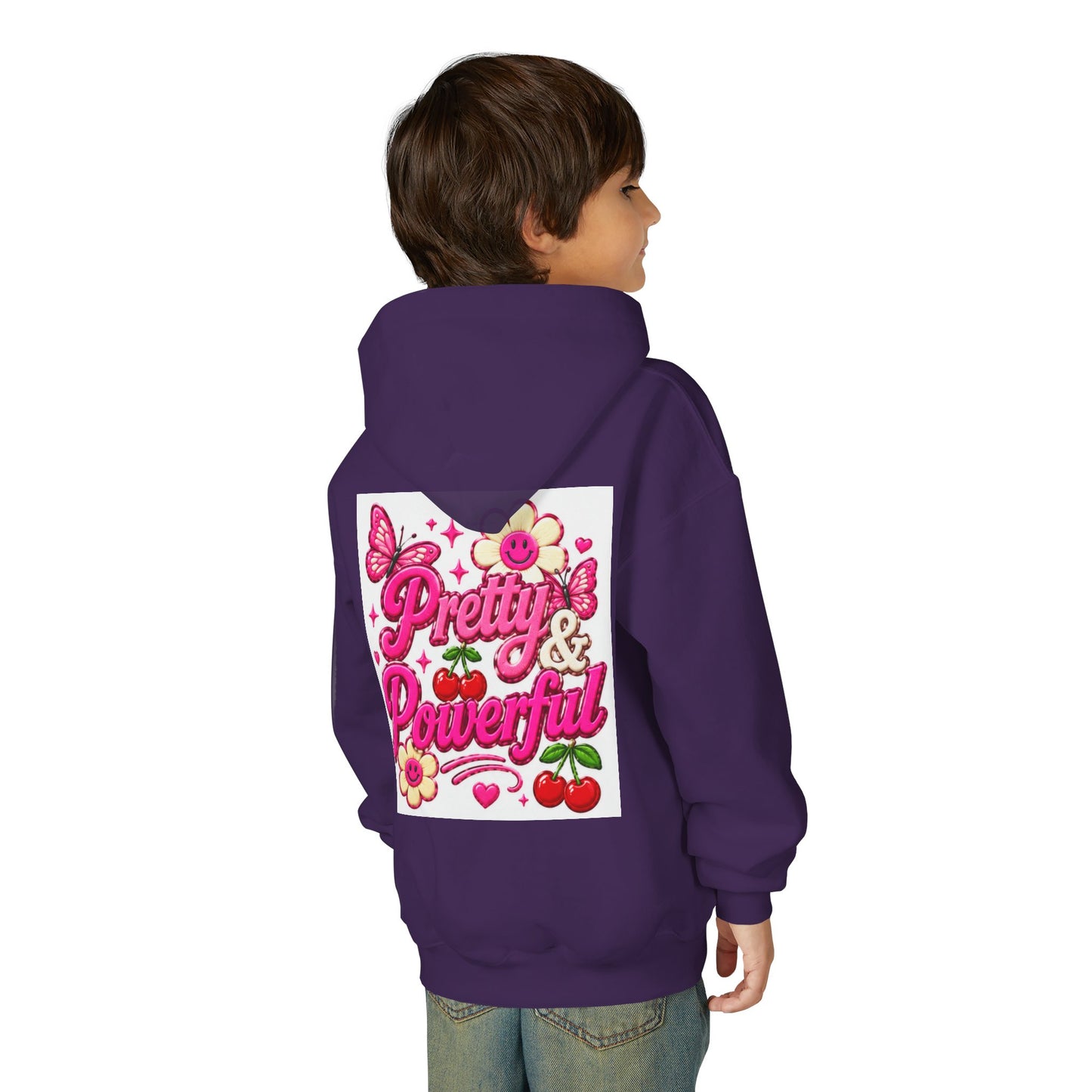 Pretty & Powerful Youth Hoodie | Pink Flower Butterfly Design