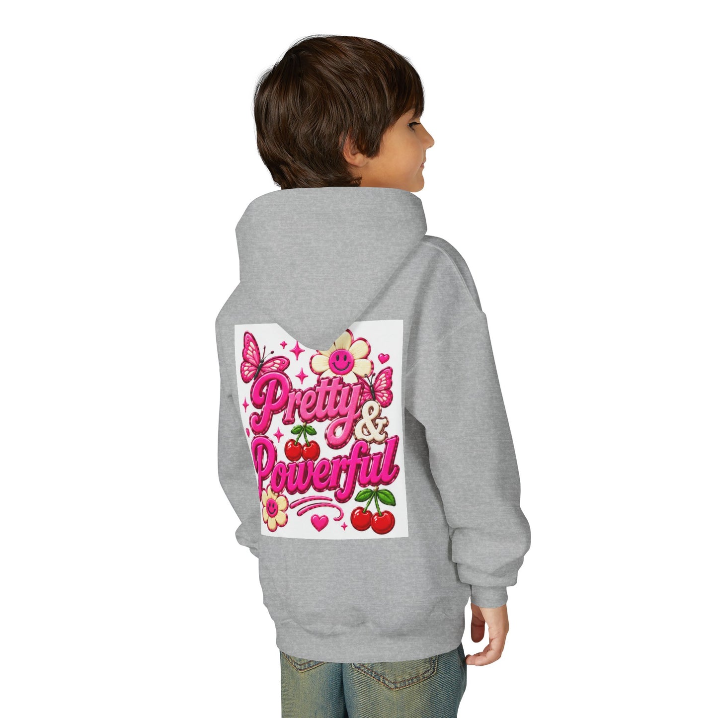 Pretty & Powerful Youth Hoodie | Pink Flower Butterfly Design
