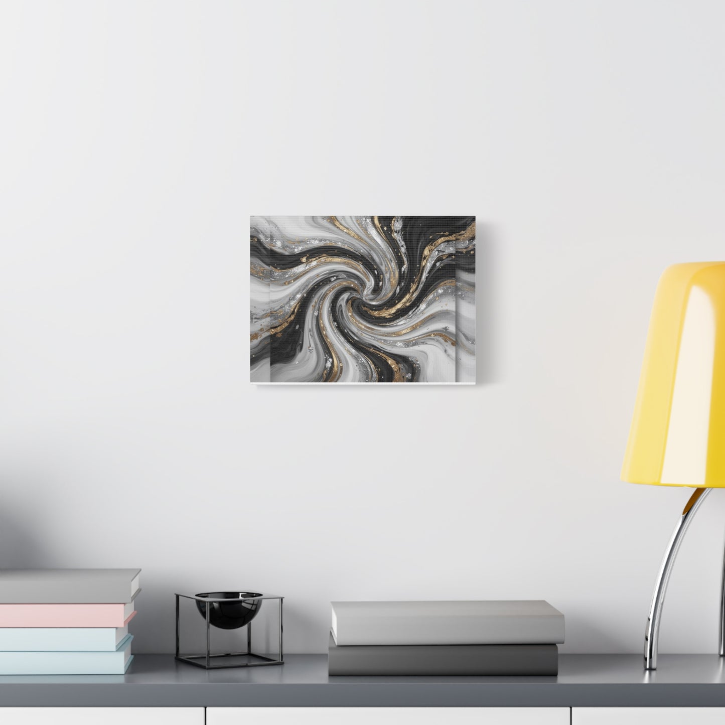 Black White Gold Abstract Swirl Marble Canvas Print Matte Stretched Canvas