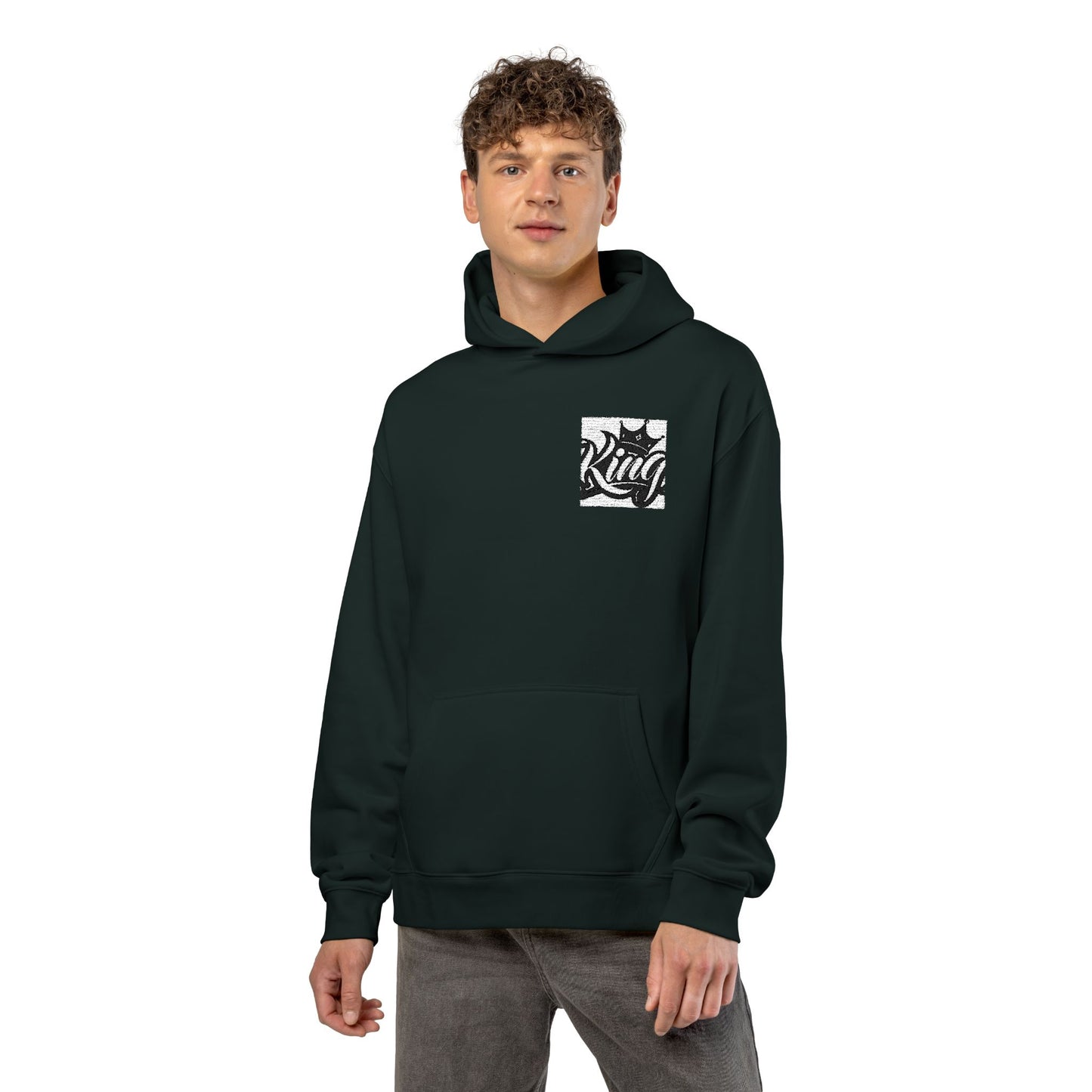 Relaxed Hoodie — Minimal Black Crown Chest Logo Hooded Sweatshirt