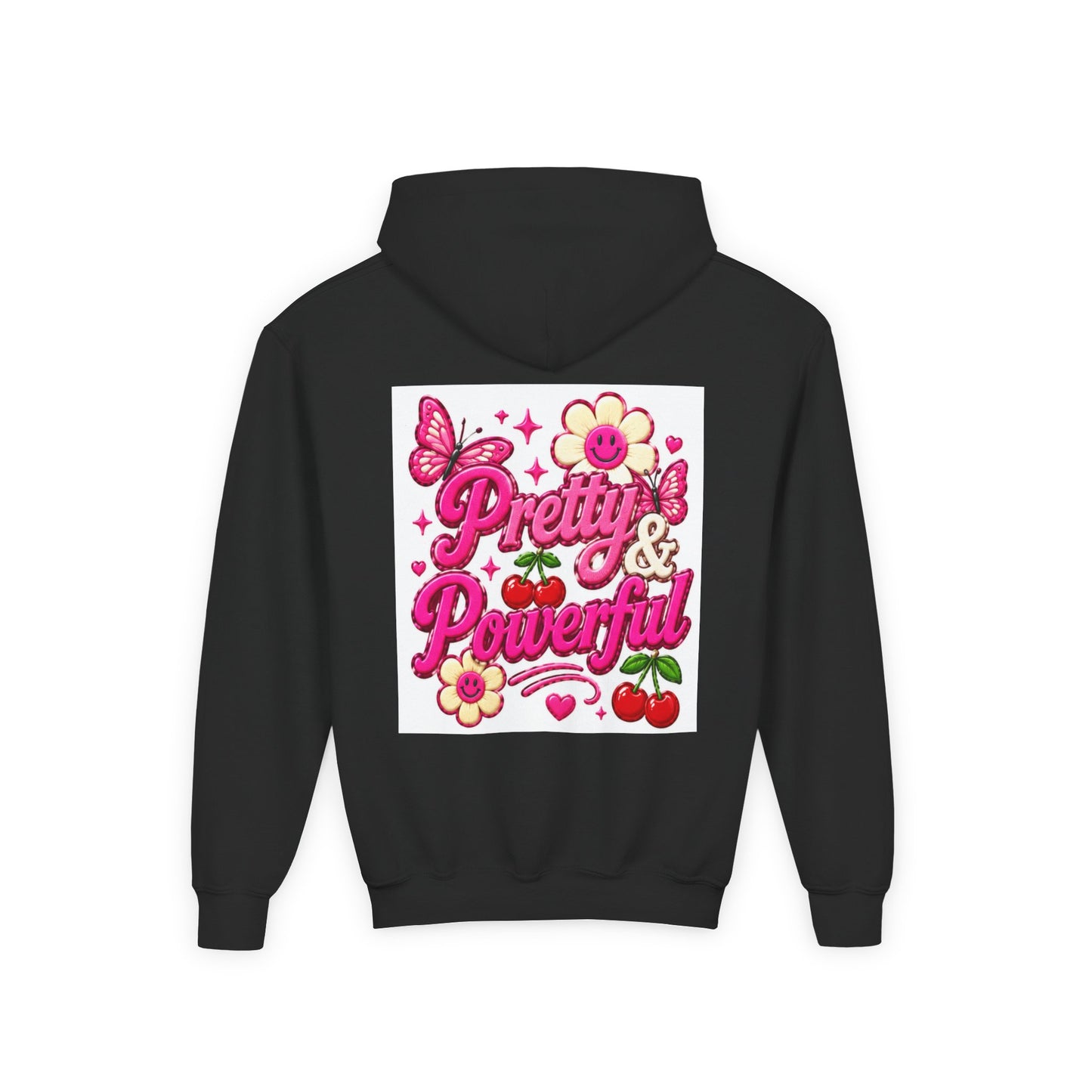 Pretty & Powerful Youth Hoodie | Pink Flower Butterfly Design