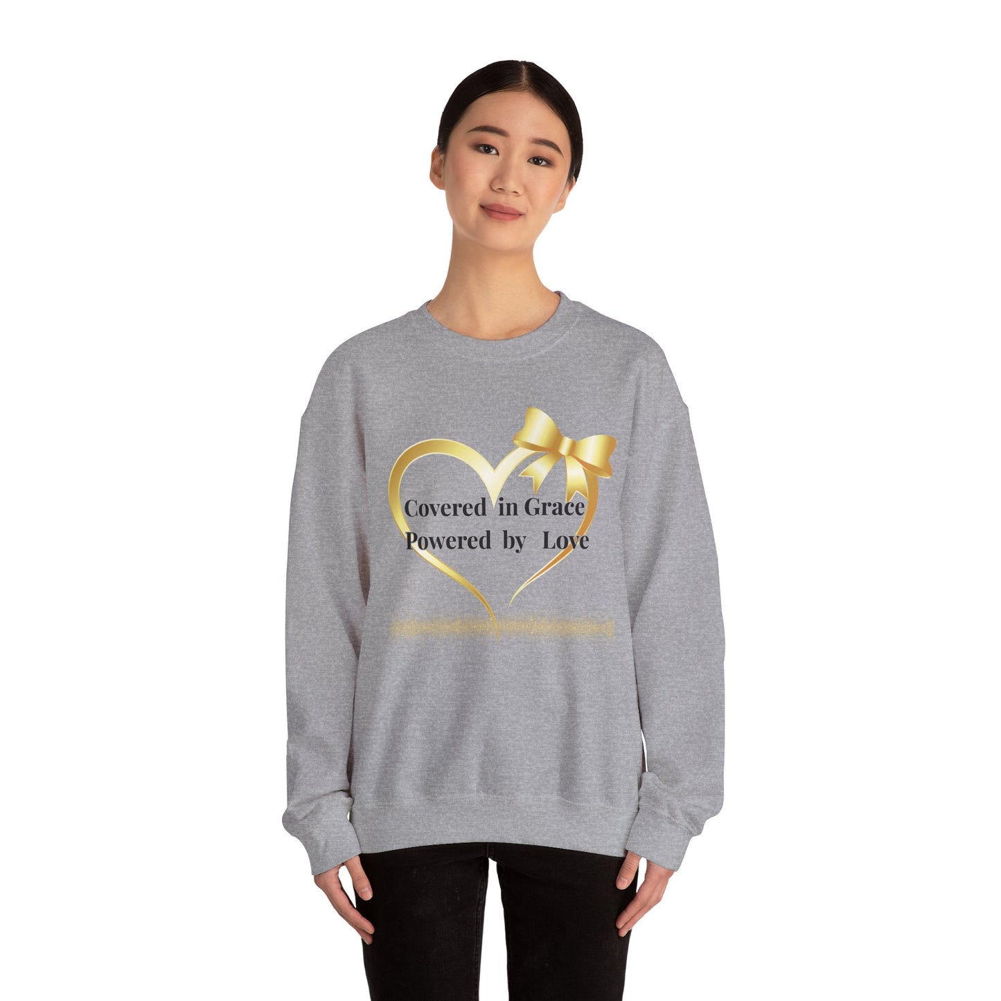 Crewneck Sweatshirt — "Covered in Grace Powered by Love" Gold Heart Design