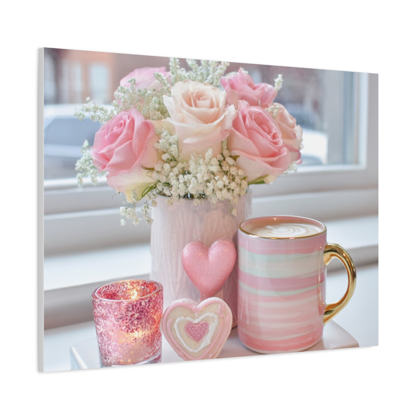 Pink Rose Bouquet with Mug Canvas