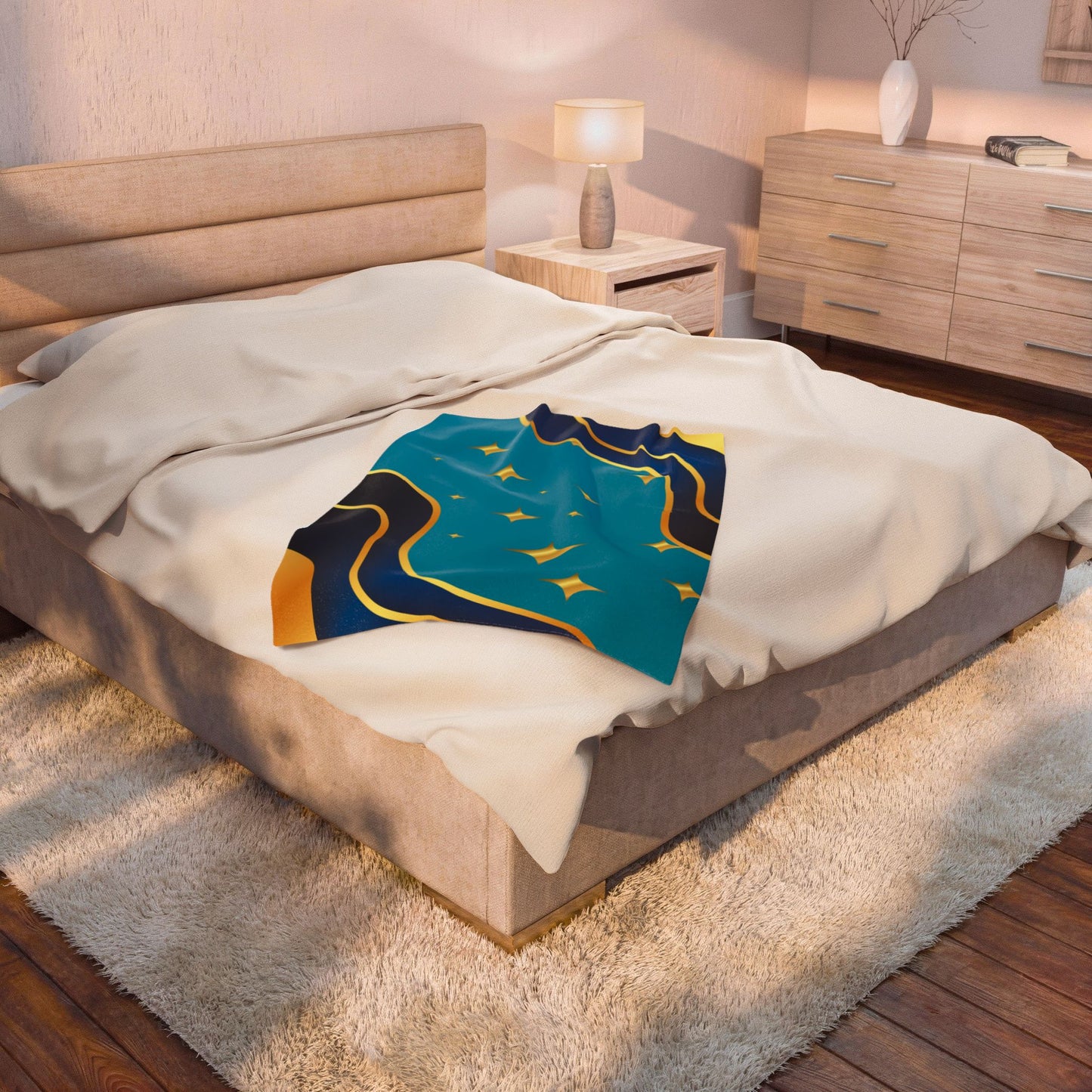 Plush Blanket — Teal & Gold Abstract Starry Wave Throw