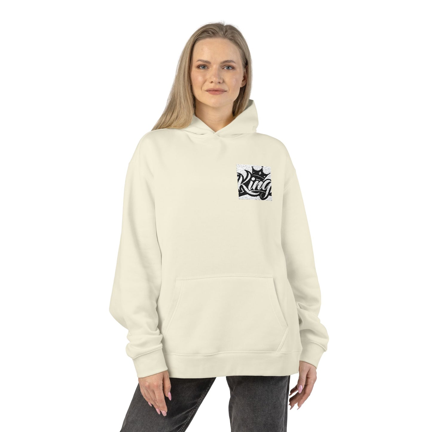 Relaxed Hoodie — Minimal Black Crown Chest Logo Hooded Sweatshirt