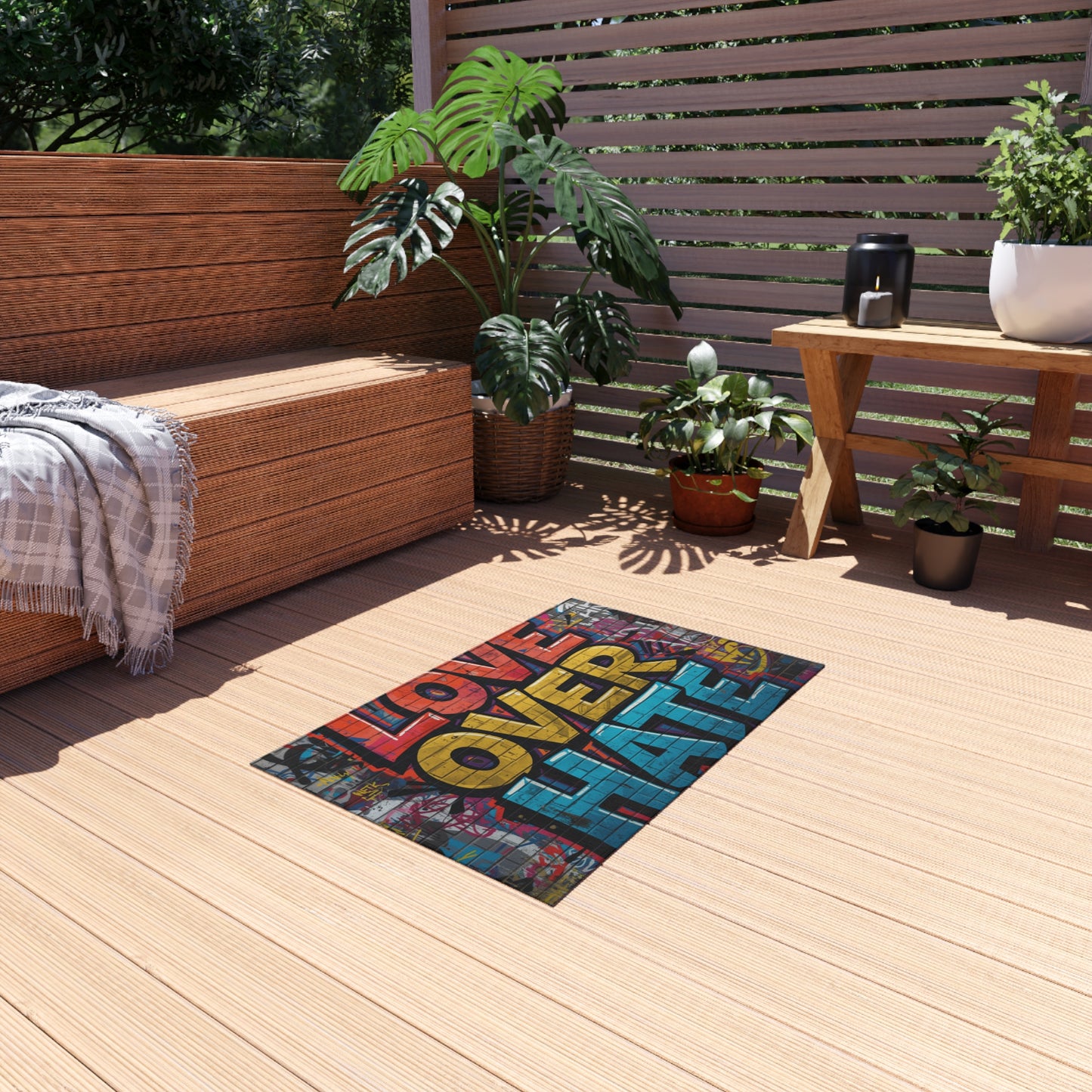 Love Over Hate Outdoor Rug — Colorful Graffiti Patio Mat