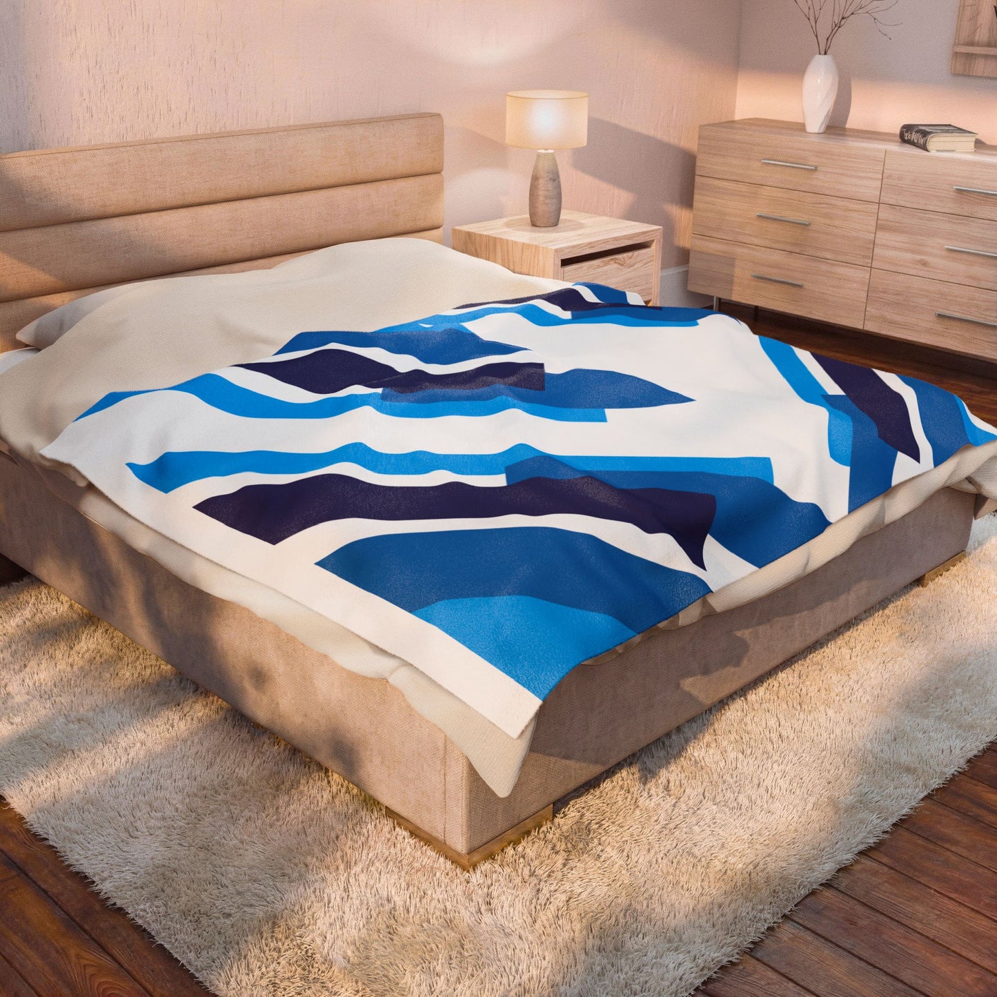Blue Geometric Stripes Velveteen Plush Blanket | Modern Diagonal Pattern