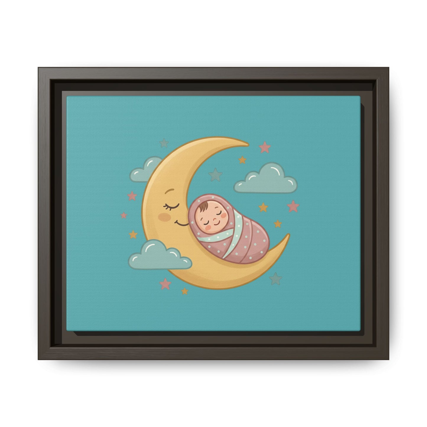 Framed Baby Moon Nursery Canvas – Cute Sleeping Baby on Crescent Moon Wall Art
