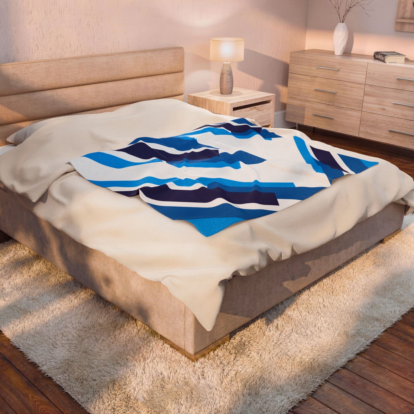 Blue Geometric Stripes Velveteen Plush Blanket | Modern Diagonal Pattern
