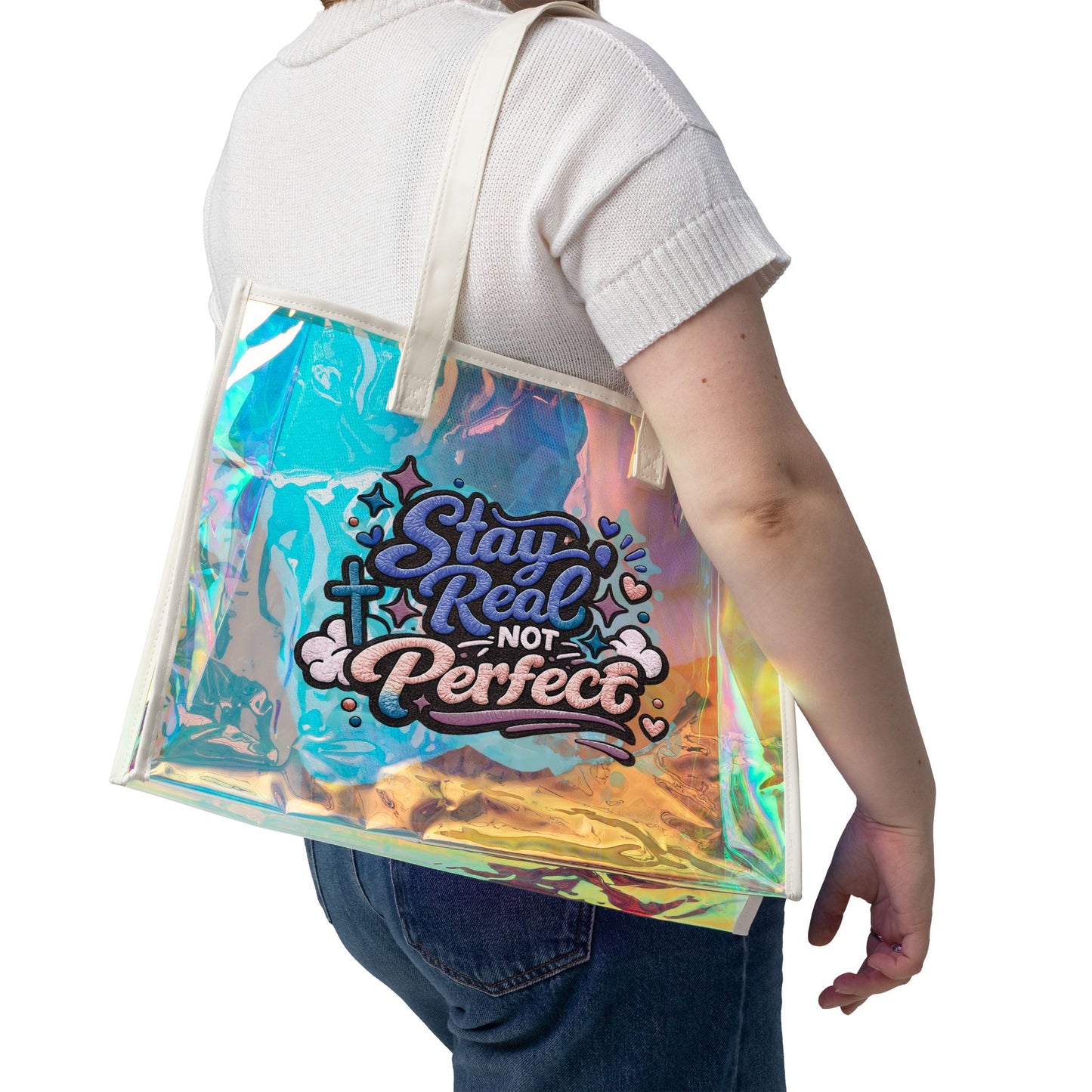 Holographic Beach Tote Bag — "Stay Real Not Perfect" Clear Iridescent Shopper