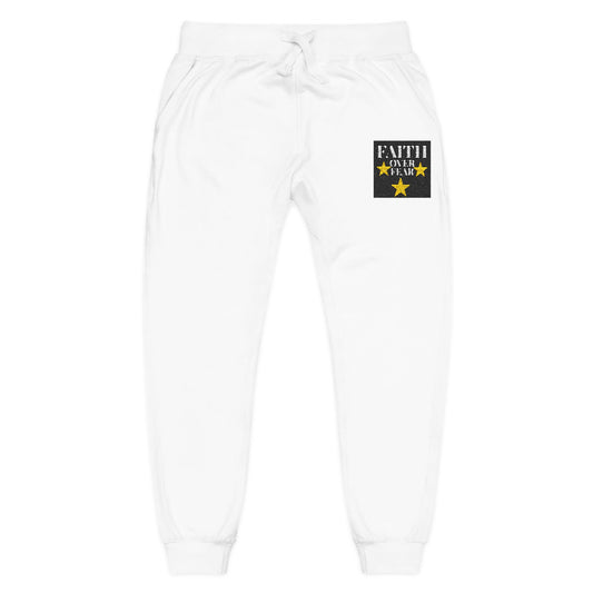 Embroidered Star Patch Sweatpants — White Fleece Joggers