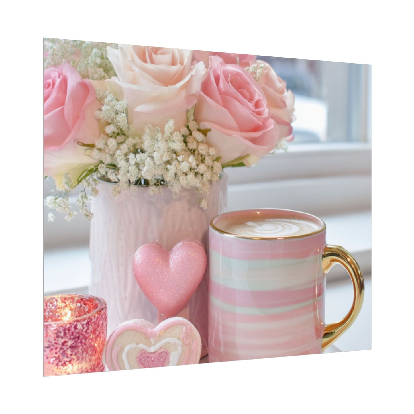Pink Roses and Heart Mug Rolled Poster | Floral Coffee Still Life
