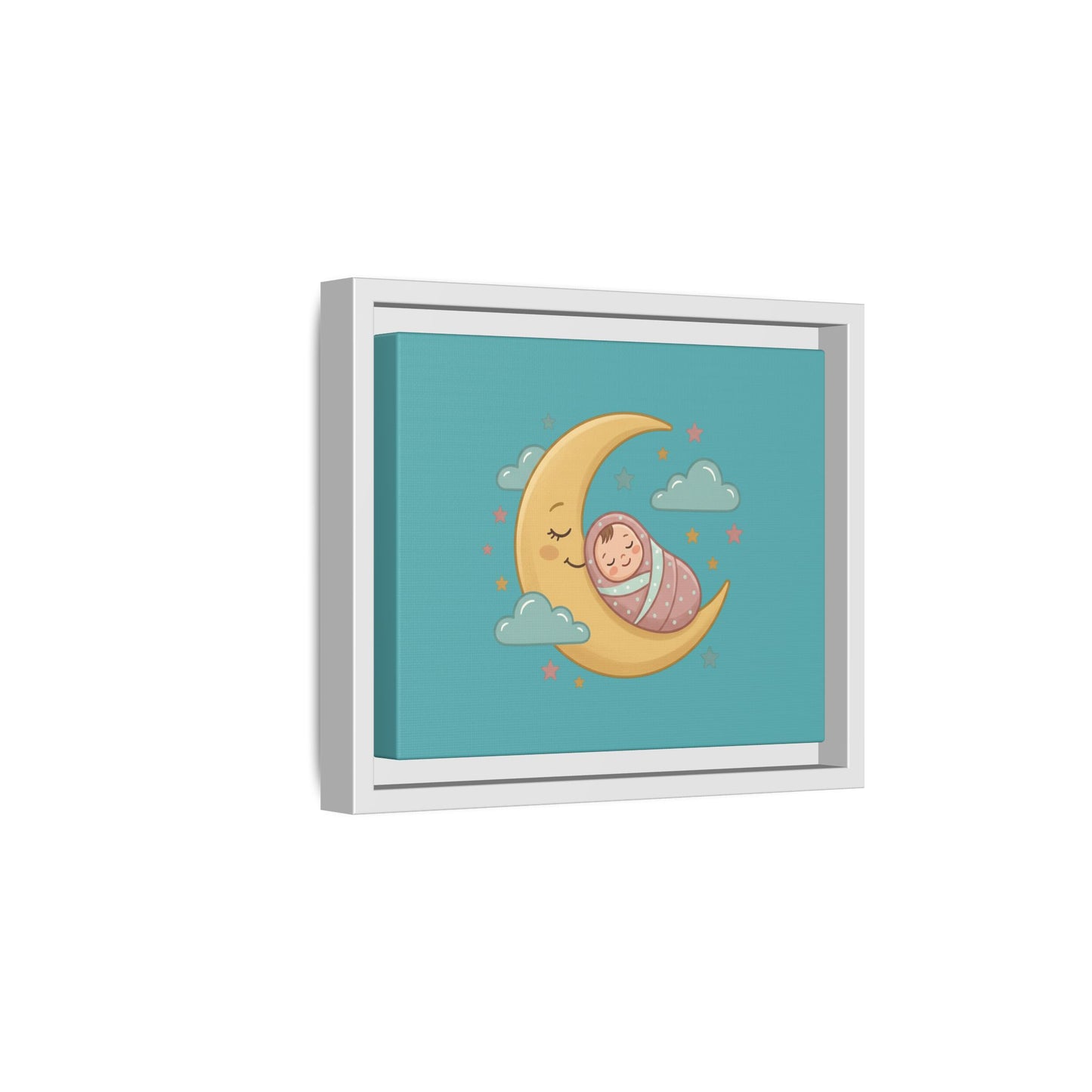 Framed Baby Moon Nursery Canvas – Cute Sleeping Baby on Crescent Moon Wall Art