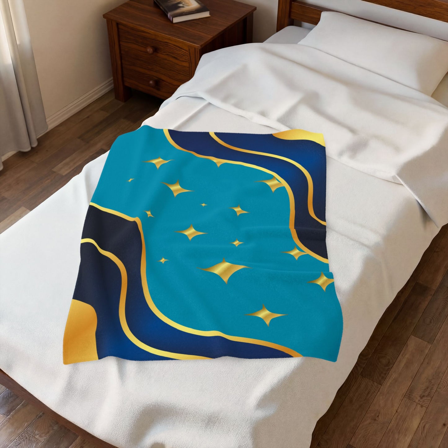 Plush Blanket — Teal & Gold Abstract Starry Wave Throw