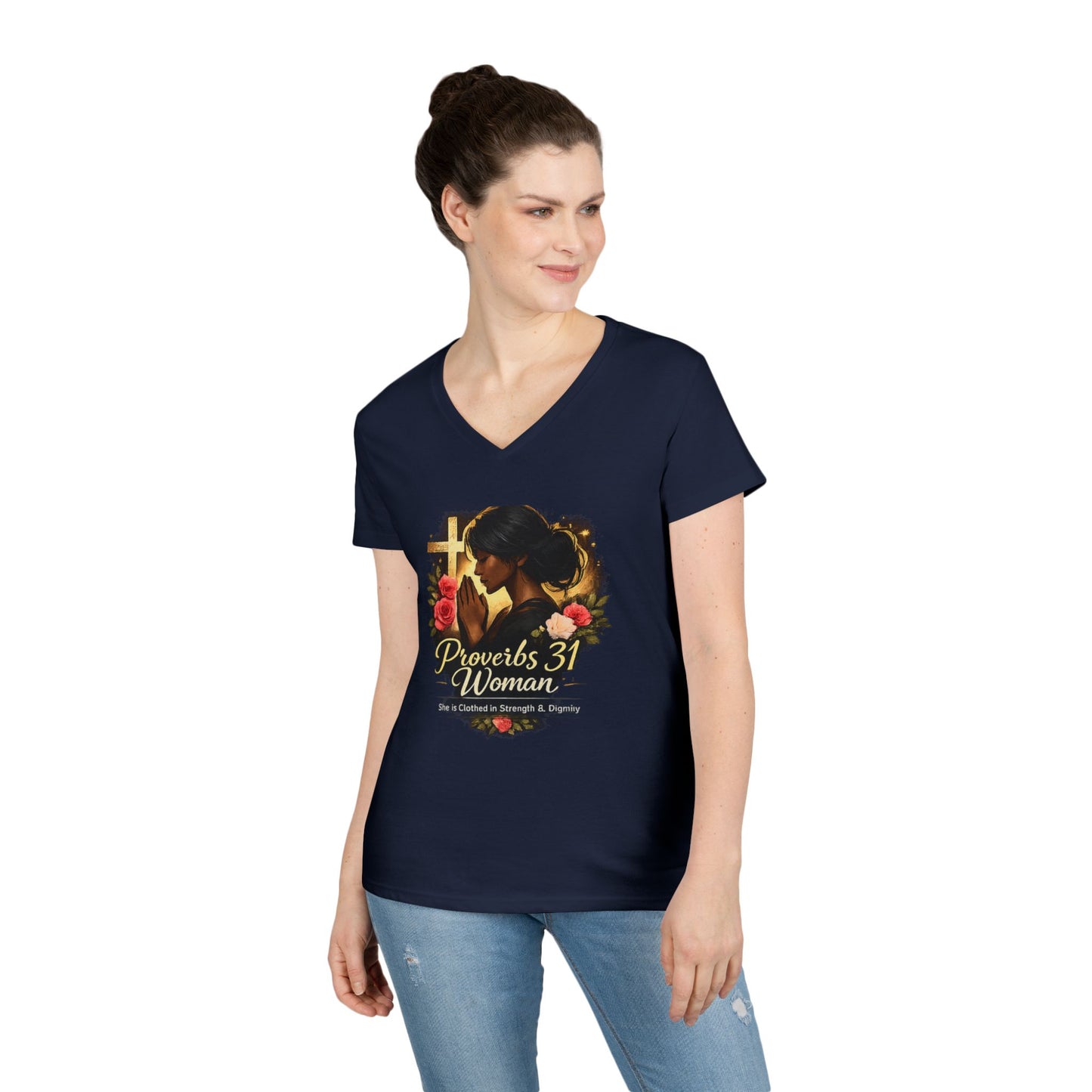 Proverbs 31 Woman V-Neck Tee — Faithful Christian Ladies Floral Shirt