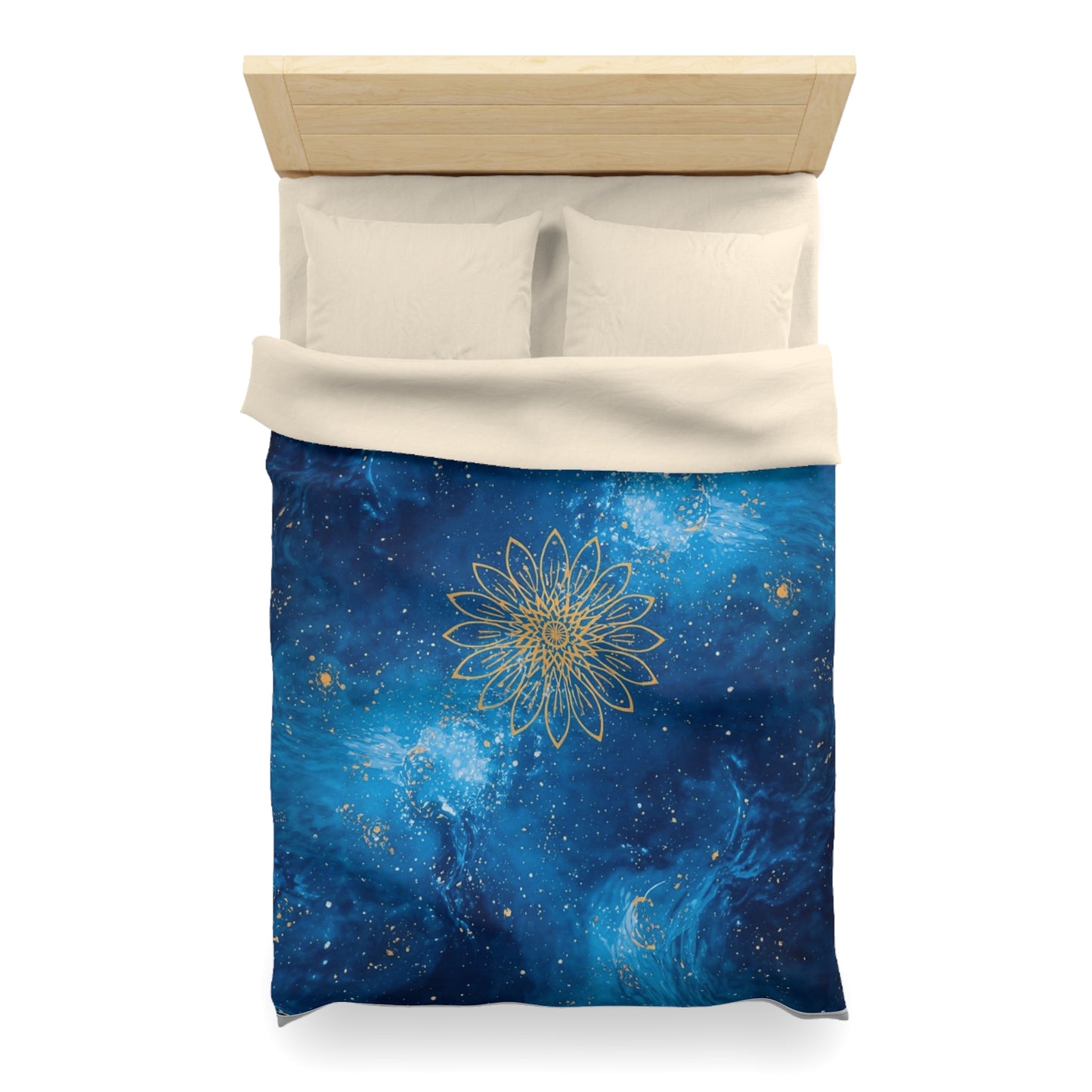 Galaxy Mandala Duvet Cover — Blue Cosmic Bedding with Gold Floral Mandala