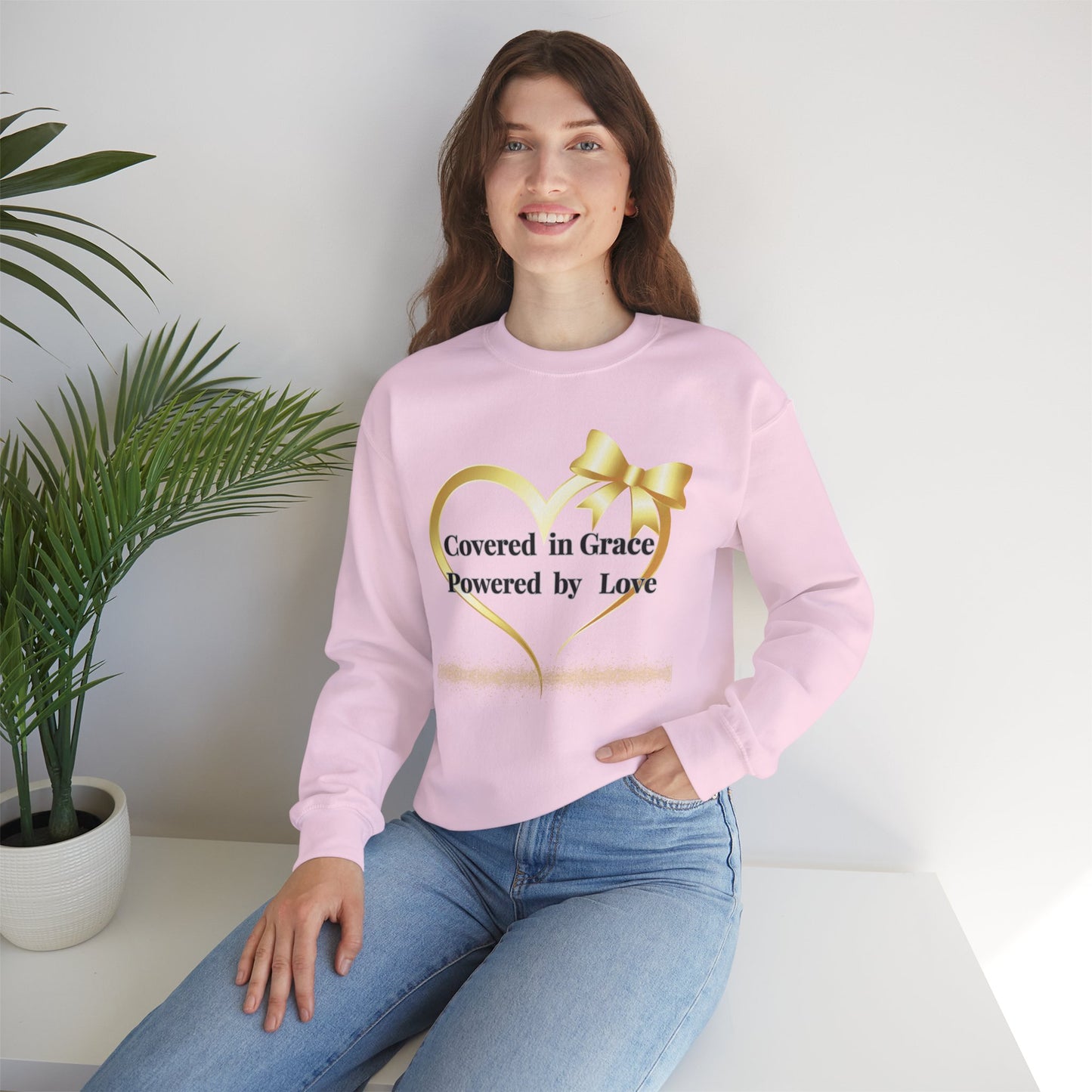 Crewneck Sweatshirt — "Covered in Grace Powered by Love" Gold Heart Design
