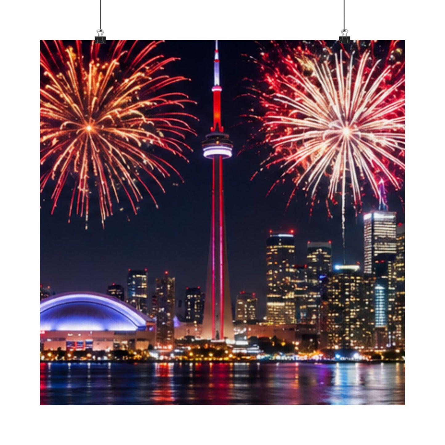 CN Tower Fireworks Matte Vertical Poster — Toronto Skyline Night Celebration Wall Art