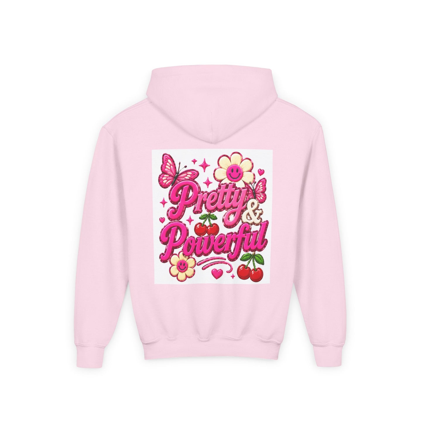 Pretty & Powerful Youth Hoodie | Pink Flower Butterfly Design