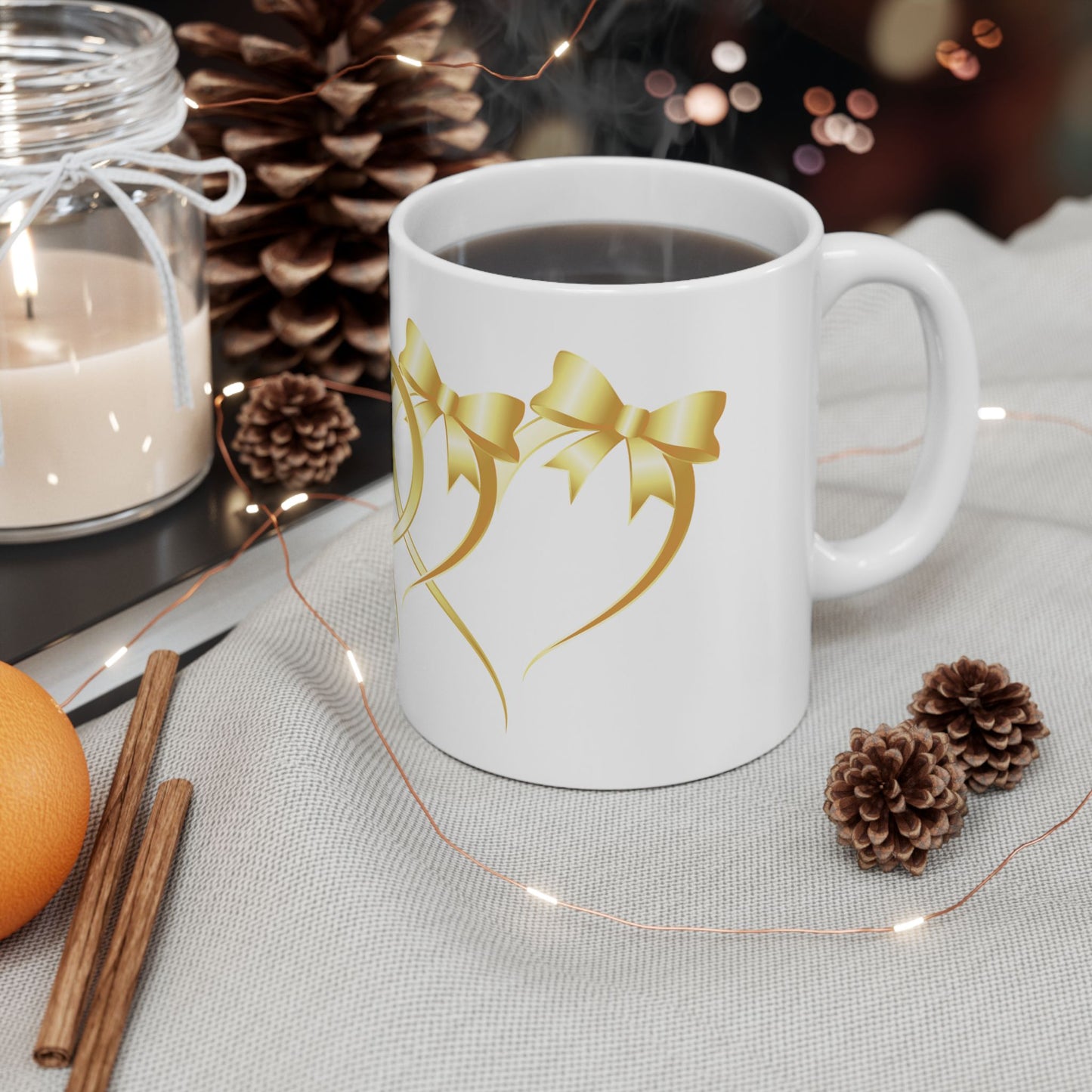 Gold Ribbon Heart Ceramic Mug — Elegant Wedding & Anniversary Gift (11oz, 15oz)