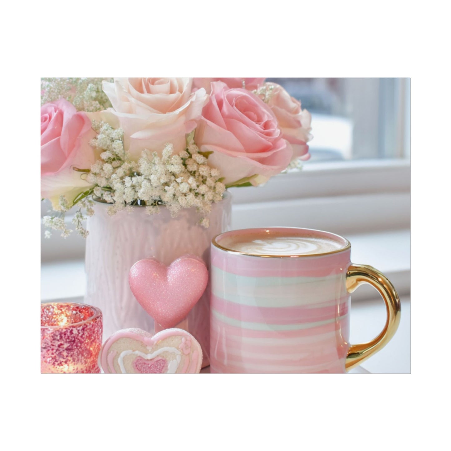 Pink Roses and Heart Mug Rolled Poster | Floral Coffee Still Life