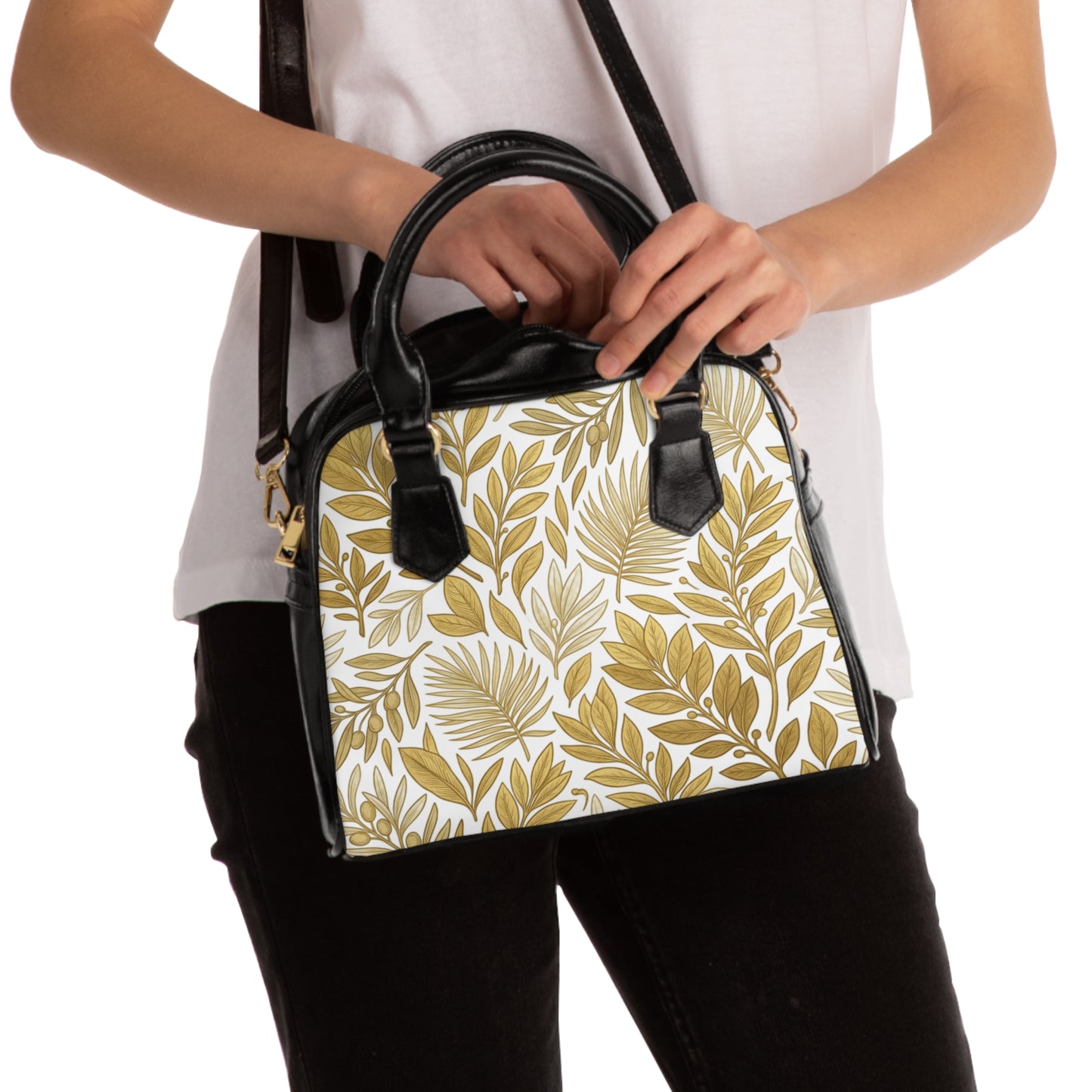 Gold Leaf Pattern Shoulder Handbag — Elegant Floral Tote Purse