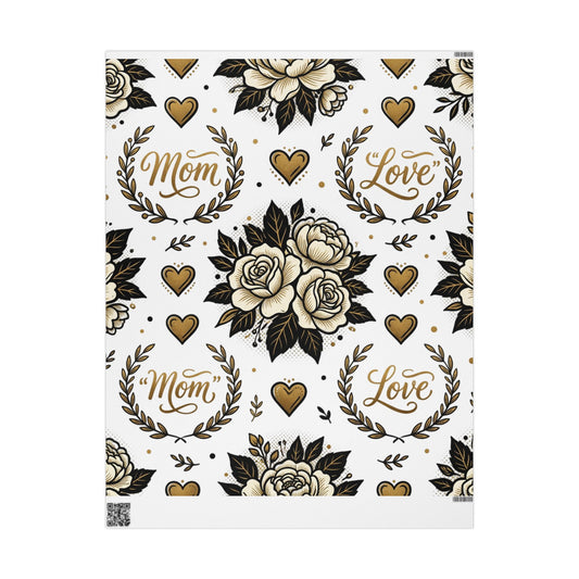 Mom & Love Floral Wrapping Paper – Gold Heart Gift Wrap for Mother's Day