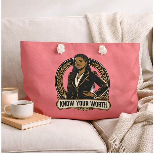 Know Your Worth Tote Bag | Empowerment Gift for Women | Black Woman Boss Bag | Inspirational Quote Bag | Pink Weekender Tote | Self Love Gift