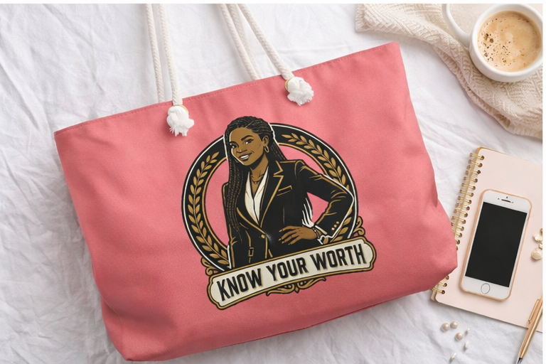 Know Your Worth Tote Bag | Empowerment Gift for Women | Black Woman Boss Bag | Inspirational Quote Bag | Pink Weekender Tote | Self Love Gift